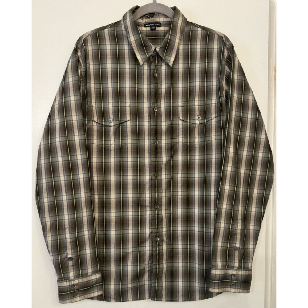 James Perse Men 3 Large Long sleeve Button Up Green Blue Plaid Work Shirt